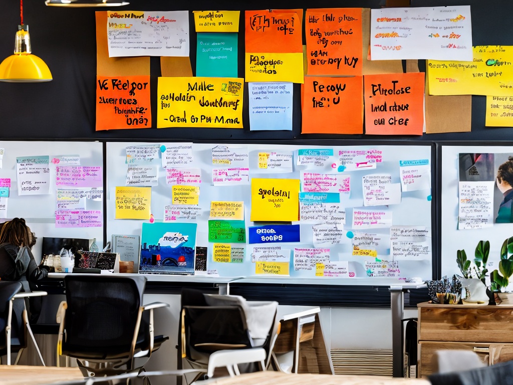 RAW photo, an inspirational workspace featuring an AI-driven marketing strategy planning board with sticky notes and diagrams, natural light illuminating the space, high resolution, 8k UHD, film grain effect, photographed with a Sony A7 III