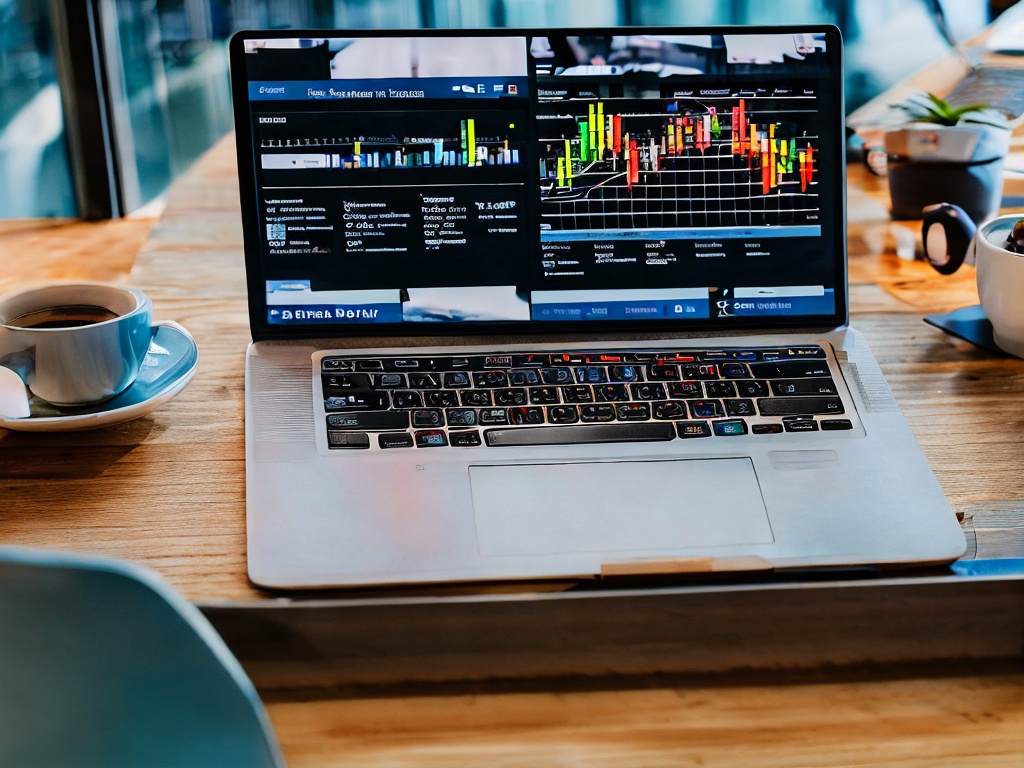 RAW photo, a close-up of a laptop screen displaying advanced AI marketing analytics with colorful graphs and data visualizations, sleek office space in the background, high-quality, 8k UHD, realistic, natural light, image shot with a Canon EOS R5