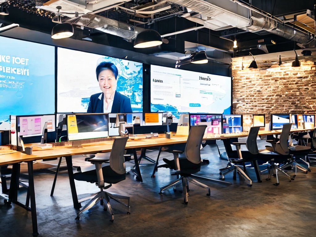 RAW photo, a creative workspace with a large digital screen showing a captivating AI marketing presentation, various digital devices in use, elegant modern decor, soft diffused lighting creating an inspirational atmosphere, 8k UHD resolution, high-quality, realistic photo