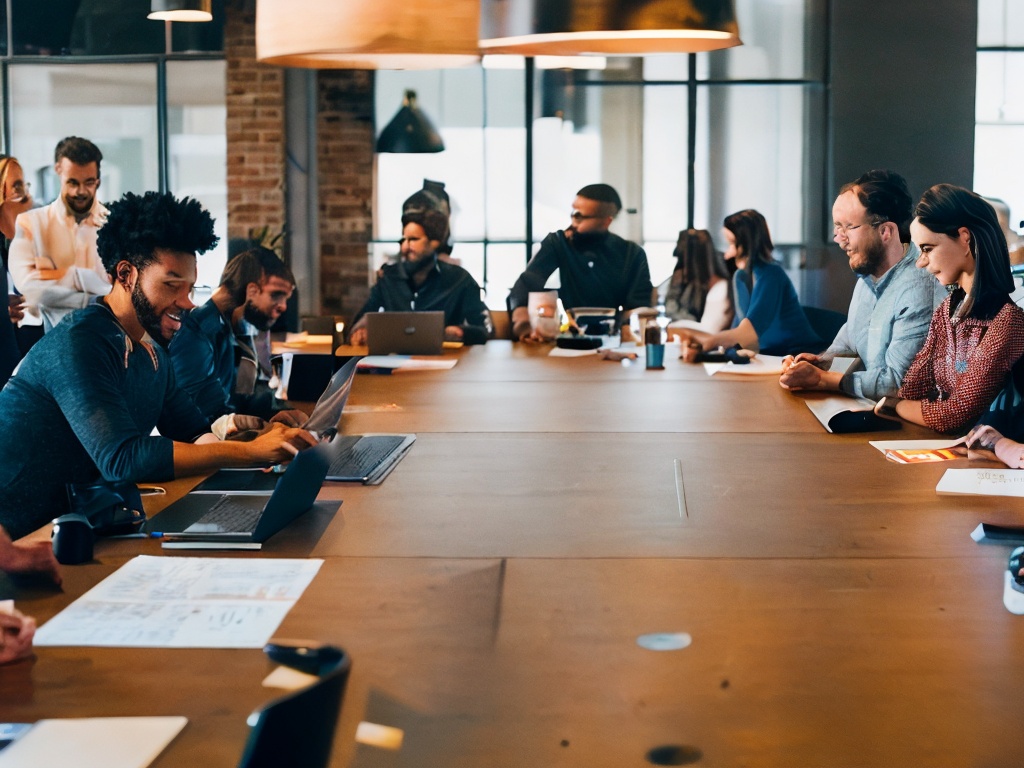 RAW photo, an office scene showcasing a diverse team engaged in a brainstorming session about AI-driven marketing strategies, modern tech gadgets scattered on the table, soft warm lighting, 8k uhd, high resolution, realistic photo