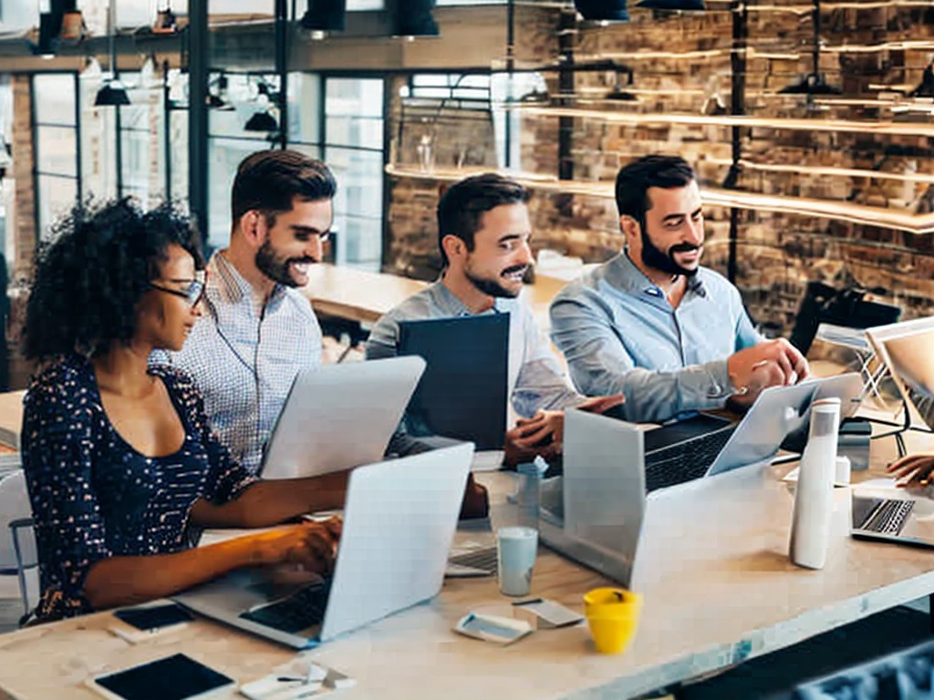 RAW photo, a group of diverse individuals working at laptops, collaborating in a modern workspace decorated with AI-related infographics like neural networks and algorithms, bright and inspiring atmosphere, 8k uhd, high quality, realistic photo, film grain, Canon EOS R5