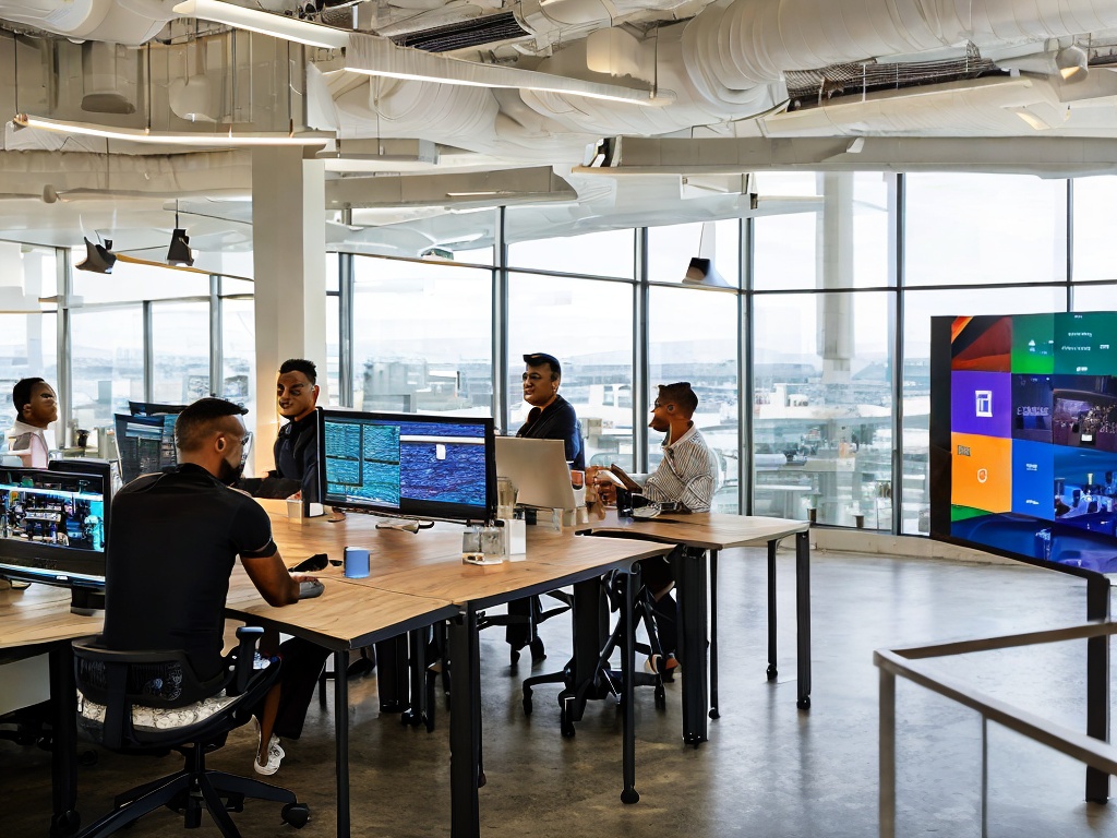 RAW photo, an innovative workspace featuring a large digital display showcasing various free AI applications, with employees engaging in discussion, warm natural lighting illuminating the area, 8k UHD resolution, high-resolution, high-quality image with a DSLR camera