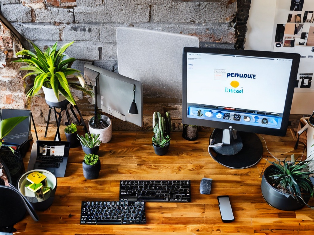 RAW photo, a bright and inviting workspace featuring a computer setup with AI graphics and free software icons on the desktop, potted plants in the background, soft diffuse light creating an inspiring atmosphere, 8k UHD resolution, high-quality, capturing the essence of innovation and accessibility in AI