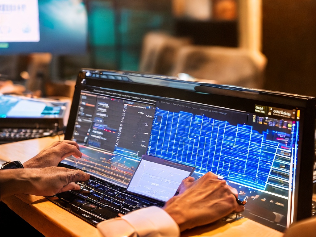 RAW photo, a close-up of a developer working on a no-code AI platform, hands on keyboard, bright user interface on the screen with various analytics graphs, showcasing the intuitive design, vibrant lighting highlighting the workspace, 8k UHD, high resolution, film grain