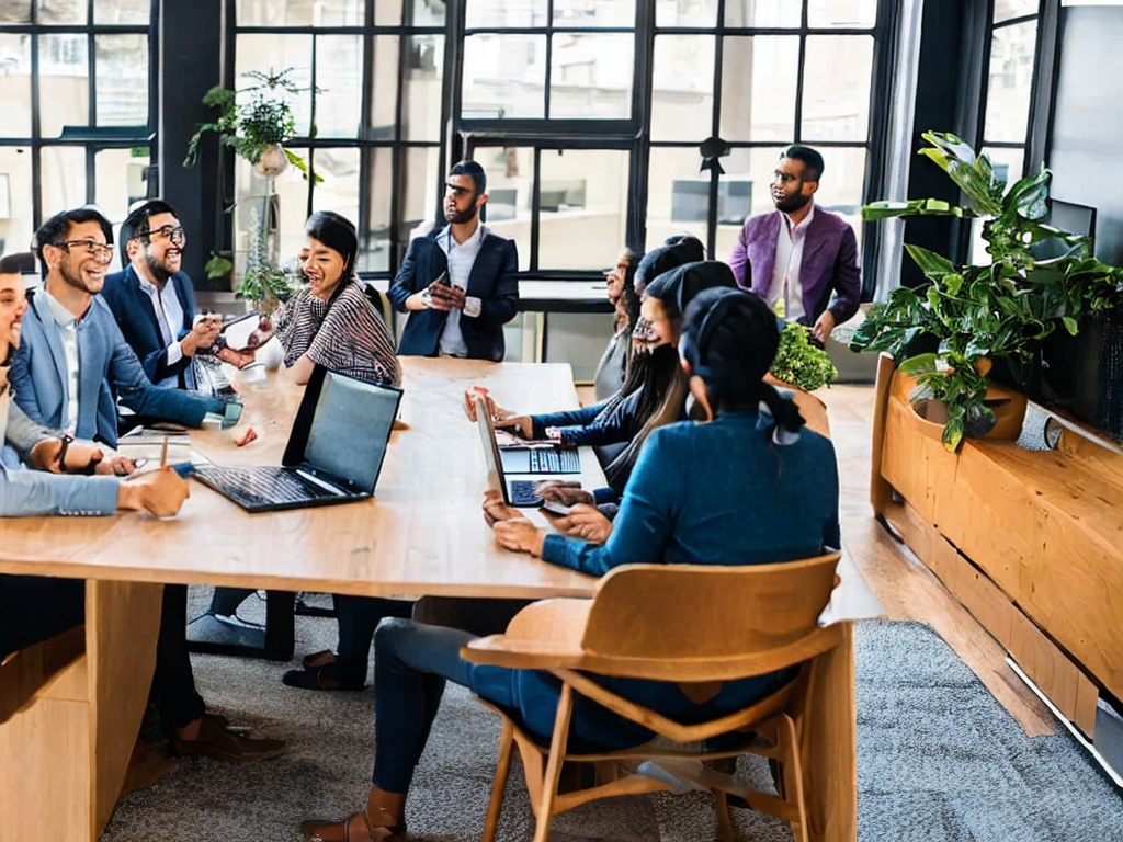 RAW photo, a creative marketing team engaged in a brainstorming session with AI tools displayed on digital devices, vibrant atmosphere, natural light streaming through a window, 8k UHD, high-resolution image, capturing dynamic interactions and teamwork.