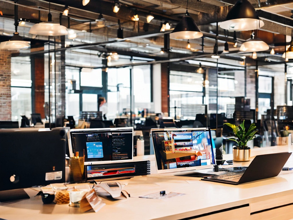 RAW photo, a desktop scene showcasing a modern workspace with a laptop displaying AI marketing analytics, soft natural lighting illuminating the workspace, 8k uhd, high quality, realistic photo, film grain, Fujifilm XT3