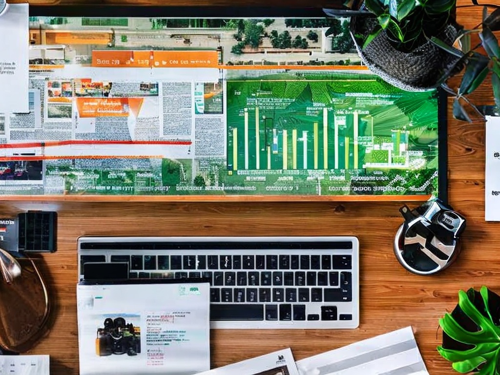 RAW photo, an illustrative flat lay of AI marketing content displayed on a desk, featuring a laptop open to an analytics dashboard, marketing materials, and AI tools arranged artistically, bright natural light highlighting the workspace, 8k UHD, high quality, film grain, capturing a professional atmosphere