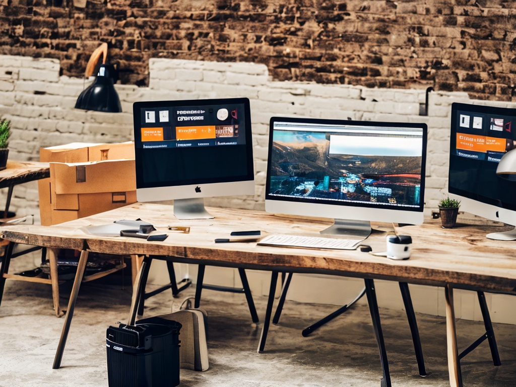 RAW photo, a digital marketing workspace featuring a modern computer screen displaying AI-generated marketing content, surrounded by creative tools like notebooks and coffee cups, with warm ambient lighting, 8k UHD, high quality, realistic photo, film grain, Fujifilm XT3