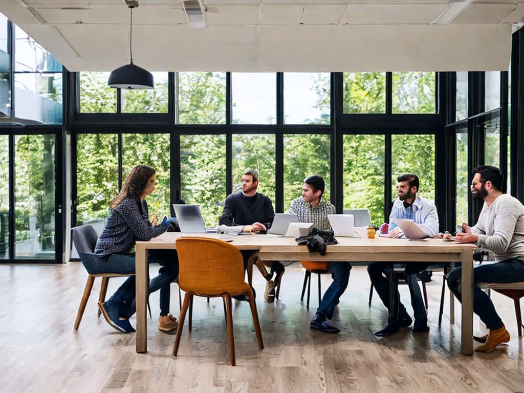 RAW photo, a group of IT support professionals discussing AI solutions during a team meeting in a contemporary office, large windows allowing natural light, casual atmosphere, 8k uhd, high quality, realistic photo, depth of field