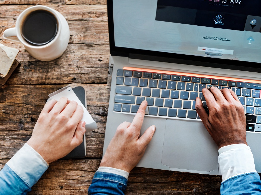 RAW photo, a close-up of a laptop screen showing AI software used for IT support, hands typing on the keyboard with a coffee cup in the background, focused lighting emphasizing the technological aspect, 8k UHD, high resolution, realistic image, subtle film grain