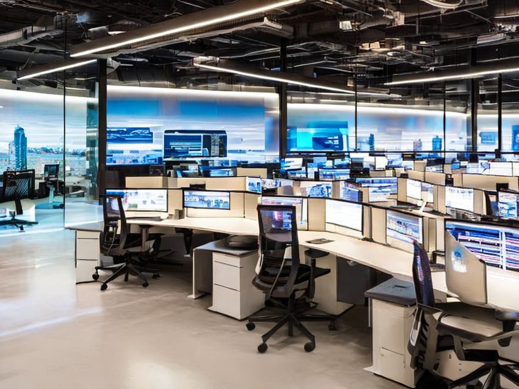 RAW photo, a futuristic workspace with multiple screens showing AI analytics for IT support, reflecting high-tech solutions, sleek design and modern aesthetics, soft ambient lighting that adds a professional touch, 8k UHD, high resolution