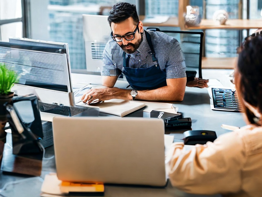 RAW photo, a professional IT support specialist engaged in troubleshooting a laptop issue with the assistance of AI software on their screen, warm office lighting, 8k UHD, high quality, realistic photo, film grain, Fujifilm XT3