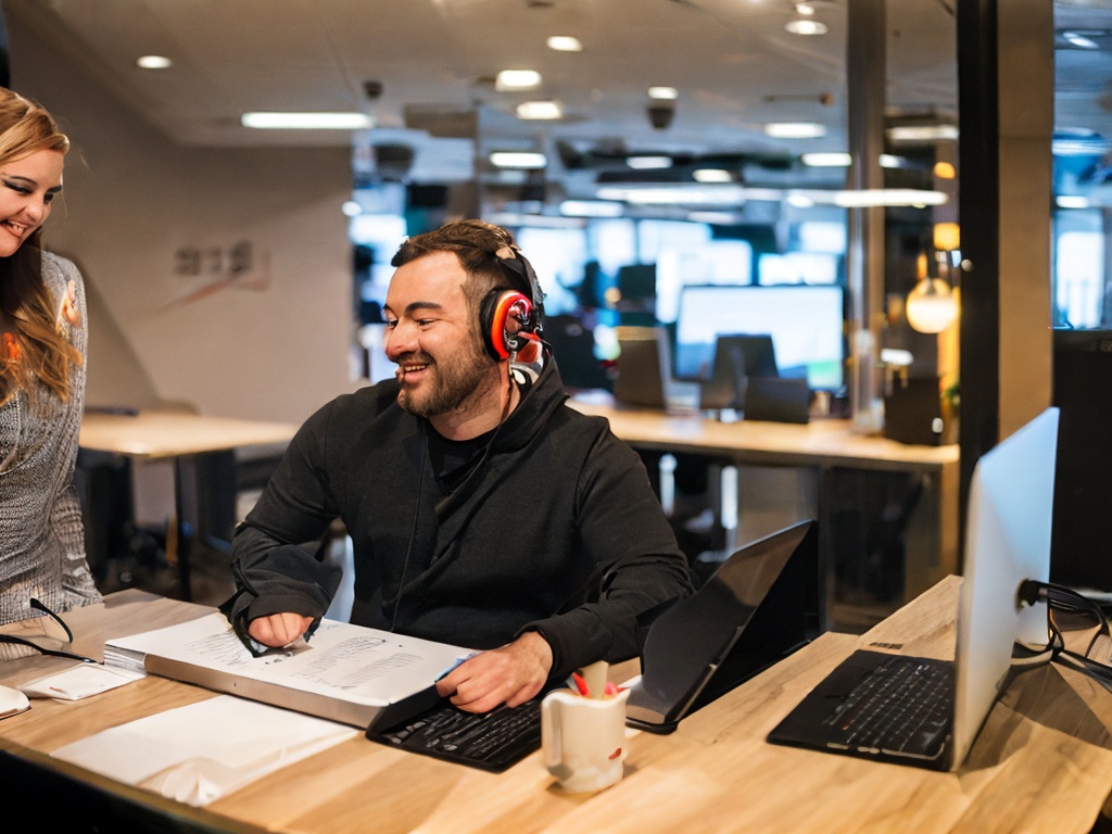 RAW photo, a friendly IT support technician assisting a user with their computer, modern office environment, warm lighting, 8k uhd, high quality, realistic photo, capturing expression and interaction, Fujifilm XT3