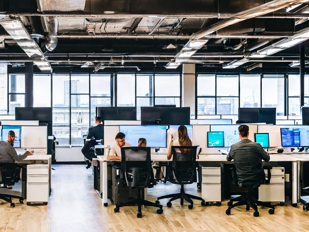 RAW photo, a modern office workspace with multiple computer screens displaying AI software interfaces, professionals engaged in discussion, bright and airy atmosphere with large windows, 8k UHD, high resolution, capturing the essence of innovation, film grain, Fujifilm XT3