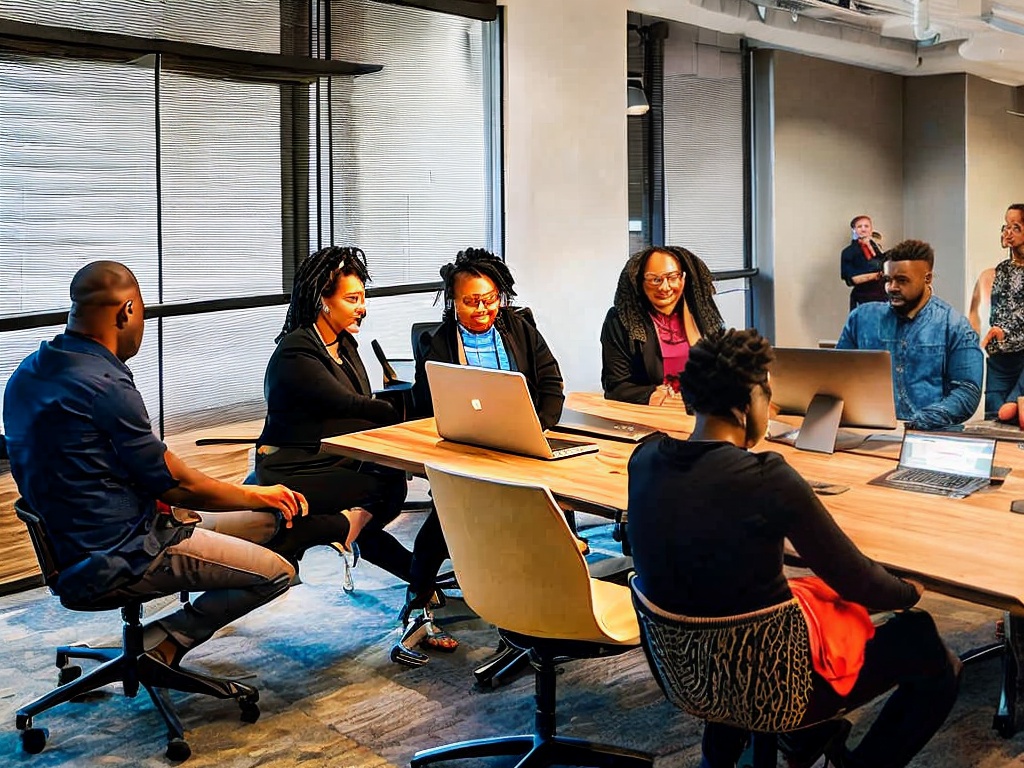 RAW photo, a group of diverse individuals collaborating around a table with laptops, utilizing free AI tools, focused expressions and engaging in discussion, atmospheric lighting, 8k UHD resolution, high-quality, realistic imagery, capturing the essence of teamwork and technology