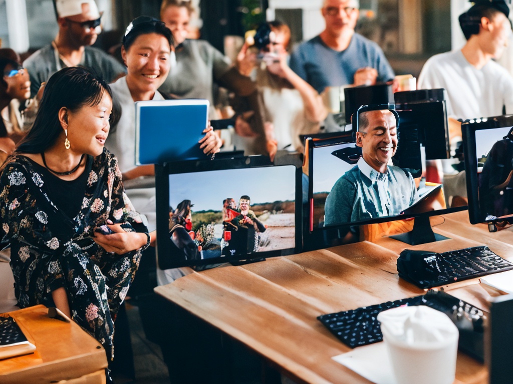 RAW photo, a diverse group of people engaged with various devices showcasing AI applications, bright and vibrant setting, natural light, high resolution, 8k uhd, emphasizing collaboration and accessibility, realistic and candid photo style, film grain, using a Canon EOS R5.