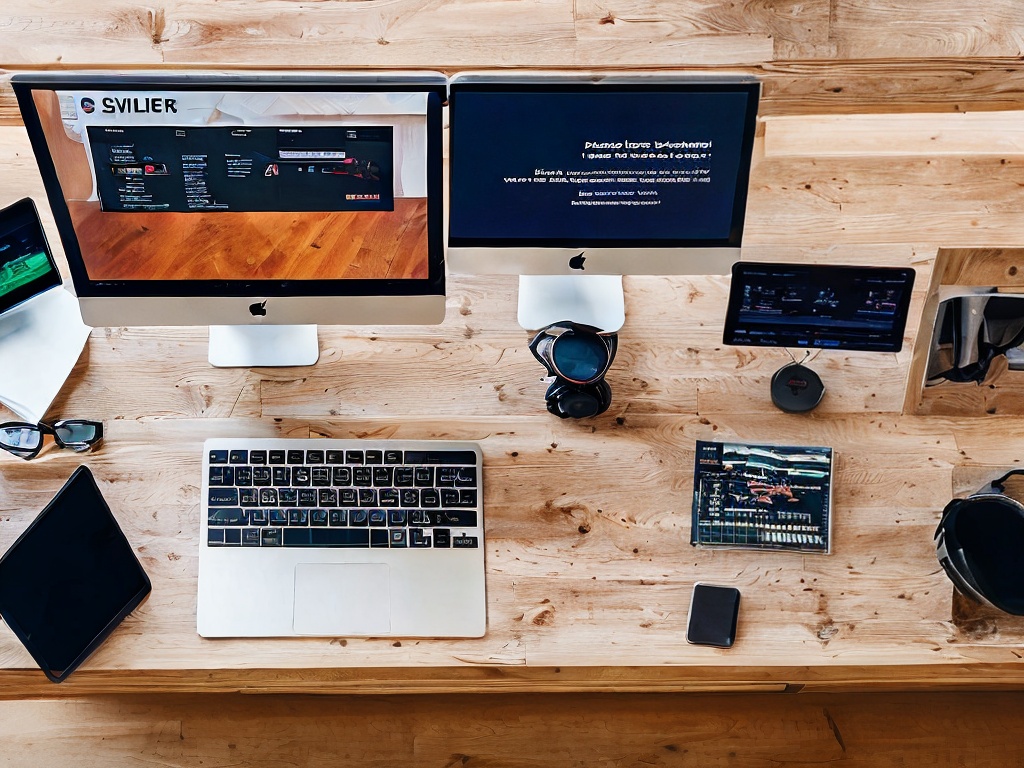 RAW photo, an overhead shot of a desk setup with multiple screens showing AI tools being used for content marketing strategies, capturing a dynamic and innovative work environment, soft natural lighting, 8k uhd, high resolution, Fujifilm XT4