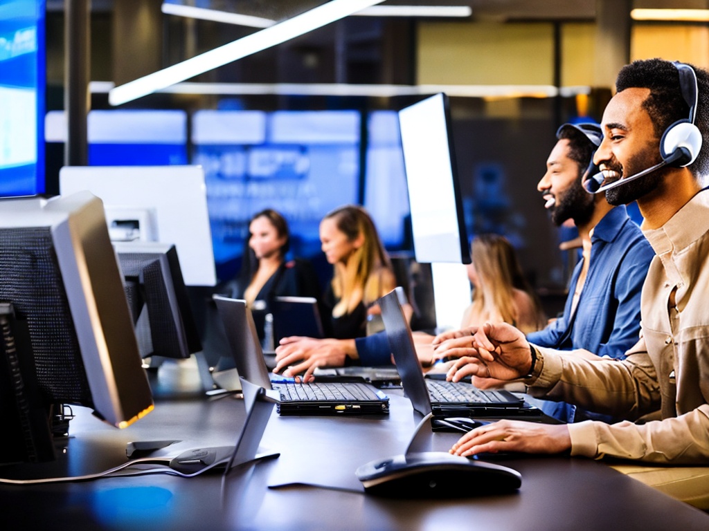 RAW photo, a customer service representative using advanced AI tools on a computer in a call center, engaging with customers via headset, dynamic lighting, 8k UHD resolution, capturing the essence of AI in customer interactions