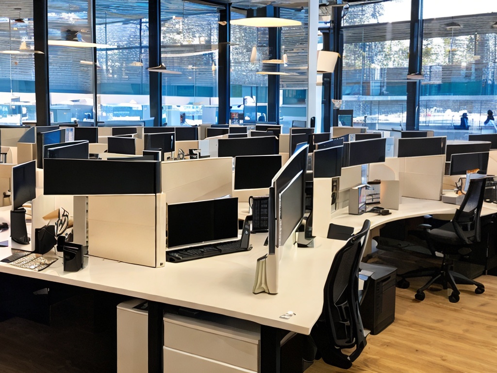 RAW photo, an interactive customer service center featuring AI tools, with employees efficiently using technology to assist customers, bright natural light coming through large windows, 8k UHD resolution, capturing intricate details of the workspace and technology