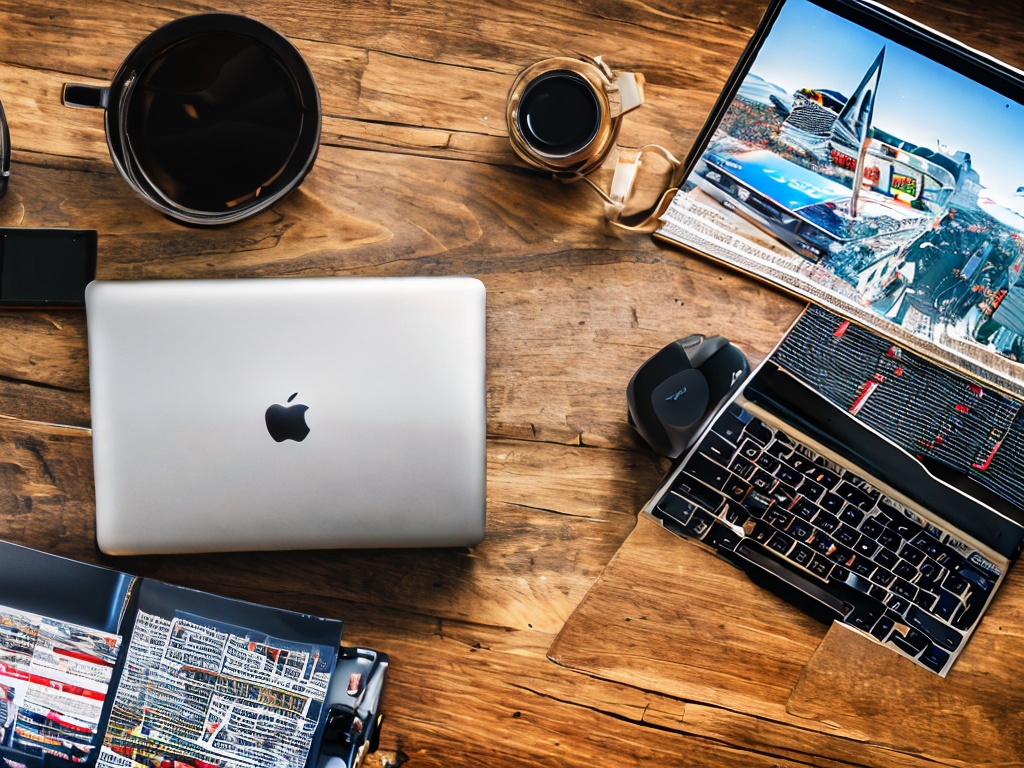 RAW photo, an artistic perspective of a laptop in a tech-savvy workspace, showing an AI application being downloaded, surrounded by coding books and gadgets, warm lighting, 8k UHD, high-resolution, realistic photo, subtle film grain, Nikon D850