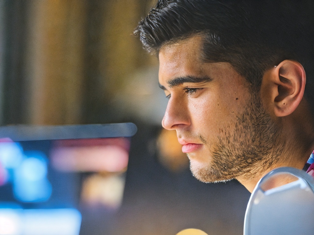 RAW photo, a close-up of a young adult concentrating on a laptop screen as an AI program downloads, with a soft focus background, warm lighting, 8k uhd, high quality, showcasing a blend of technology and human interaction