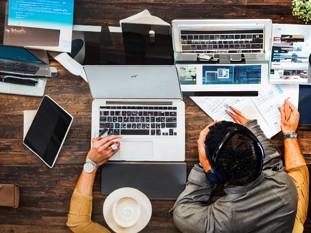 RAW photo, a professional working at a desk using AI software on a laptop, focused expression, surrounded by productivity tools like planners and digital devices, warm ambient lighting, 8k UHD, high resolution, realistic photo with a dynamic feel