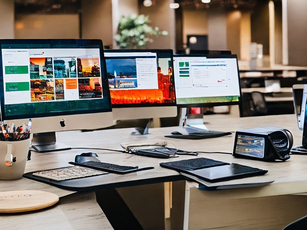 RAW photo, a developer's desk featuring multiple monitors displaying various AI programming software applications, with a coffee mug and coding notes in the foreground, warm lighting creating a productive vibe, 8k UHD resolution, high-quality image with rich details and textures