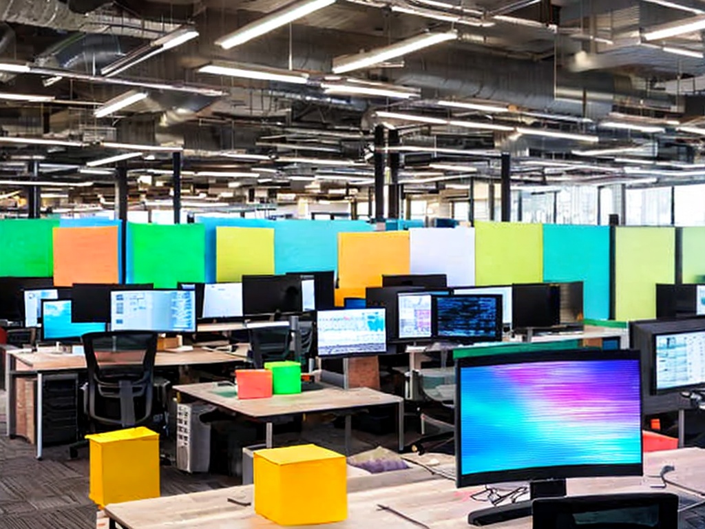 RAW photo, a creative tech office environment where developers are collaborating over AI programming software on multiple monitors, colorful sticky notes on the wall, soft diffused light creating an energetic atmosphere, 8k UHD, high resolution, realistic photo