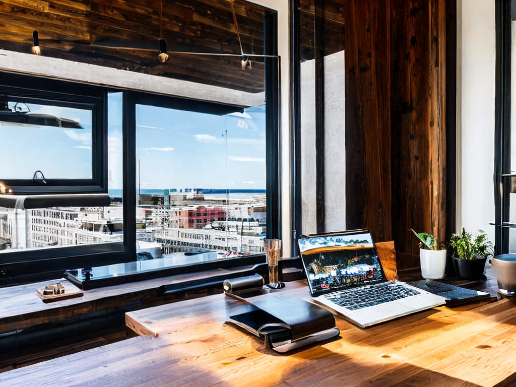 RAW photo, a modern workspace featuring a sleek laptop open with AI programming software interface visible and notebooks scattered around, bright natural light streaming in through a window, 8k uhd, high resolution, capturing the essence of tech innovation