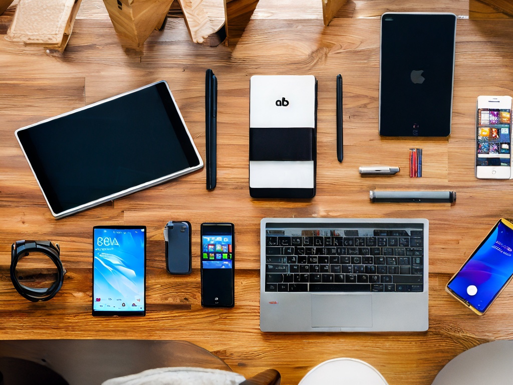 RAW photo, an overhead view of a desk cluttered with digital devices showing various AI apps, notes, and gadgets, with a vibrant and tech-savvy atmosphere, bright studio lighting, 8k UHD, high-quality image, designed to evoke innovation.