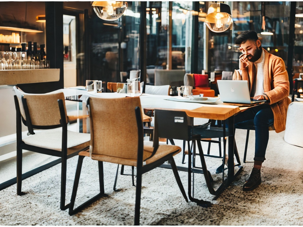 RAW photo, a lifestyle shot of a young professional using an AI app on a laptop in a cafe, capturing the essence of modern life mixed with technology, warm lighting, 8k UHD, high quality, realistic photo, with film grain effect