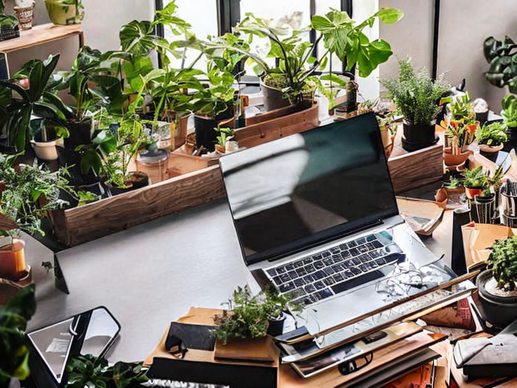 RAW photo, a creative workspace with an AI language model being utilized on a laptop, surrounded by books and plants, depicting the synergy between technology and creativity, natural lighting enhancing the workspace atmosphere, 8k UHD, high quality, realistic photo