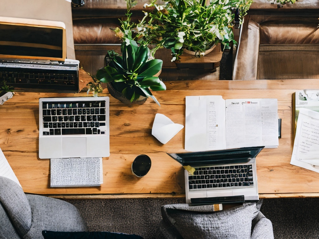 RAW photo, an aerial view of a desk cluttered with writing materials, an open laptop showcasing an AI writing software interface, plant and books in the background, softly lit with natural light, 8k UHD resolution, high-quality image with a warm atmosphere and subtle film grain