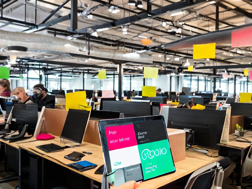 RAW photo, an AI writing assistant displayed on a digital tablet in a trendy office setting, alongside creative materials like sketches and post-it notes, capturing a blend of technology and creativity, bright lighting highlighting the workspace, 8k UHD, high quality