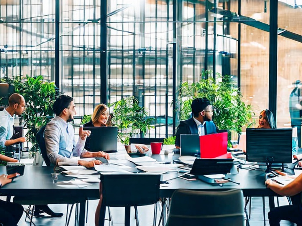 RAW photo, a futuristic marketing team engaged in a brainstorming session with digital screens displaying AI-generated marketing analytics, bright office setting, natural lighting, 8k UHD, high quality, film grain, Fujifilm X-T4