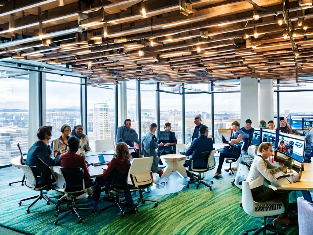 RAW photo, a creative meeting room with marketing professionals collaborating over AI-generated analytics on tablets, colorful visual aids in the background, natural light streaming through large windows, 8k UHD, high resolution, capturing the synergy of technology and teamwork