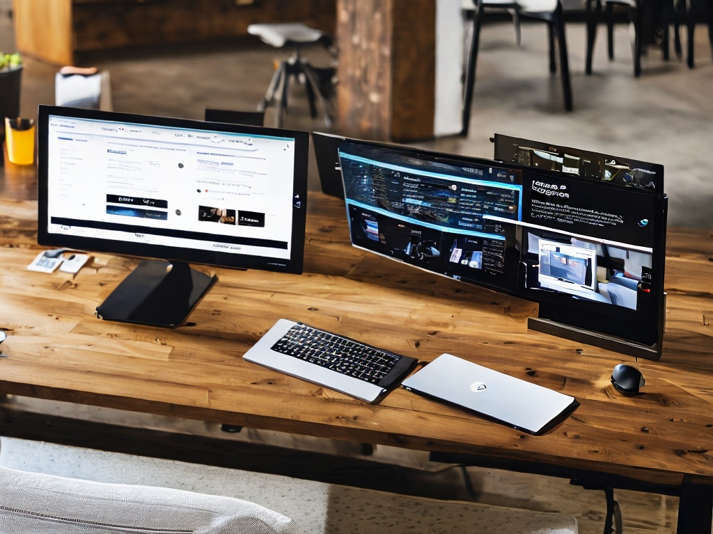 RAW photo, an innovative workspace featuring AI-generated marketing materials on a modern desk, with a laptop displaying data analytics, soft ambient lighting, 8k UHD, high quality, realistic photo, subtle film grain, captured with a Canon EOS R5