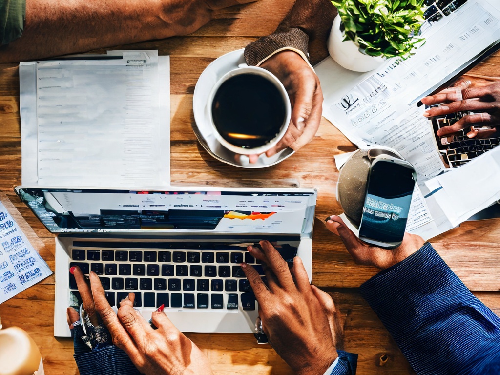 RAW photo, a close-up of hands working on a laptop with AI marketing software open, surrounded by marketing materials and notes, dynamic angles, creative clutter, soft warm lighting, 8k UHD resolution, capturing details vividly, high-quality DSLR