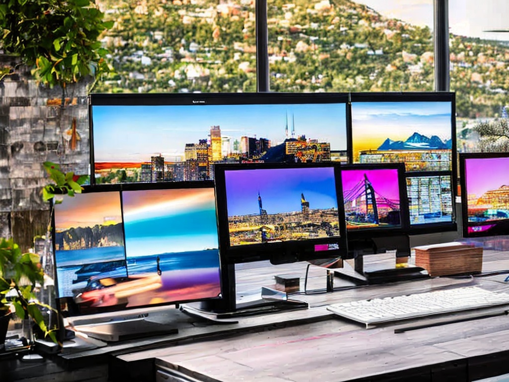 RAW photo, a modern workspace with multiple screens displaying various AI content generation tools, vibrant colors and dynamic interface designs, soft ambient lighting, 8k uhd, high quality, realistic photo, subtle film grain, Fujifilm XT3