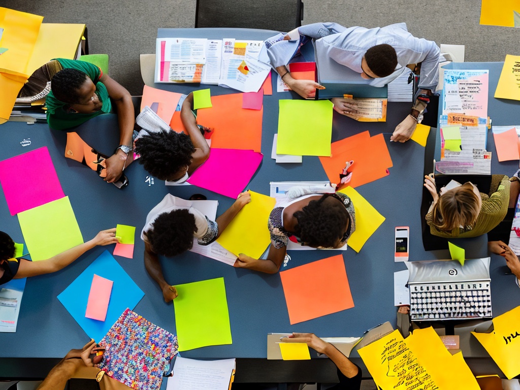 RAW photo, a team brainstorming around a table with laptops, actively discussing ideas for a no-code AI project, showcasing a collaborative environment with colorful post-it notes and digital devices, well-lit space emphasizing creativity, 8k UHD, high quality, vibrant and detailed image, Sony A7R IV