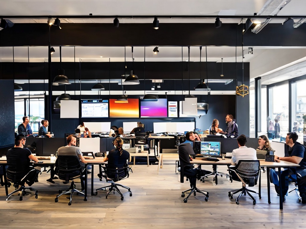 RAW photo, a modern workspace featuring a computer with an AI no code tool interface on the screen, a diverse group of professionals collaborating, discussing and exploring various AI application strategies, bright and inviting lighting, 8k uhd, high quality, realistic photo, Fujifilm XT4