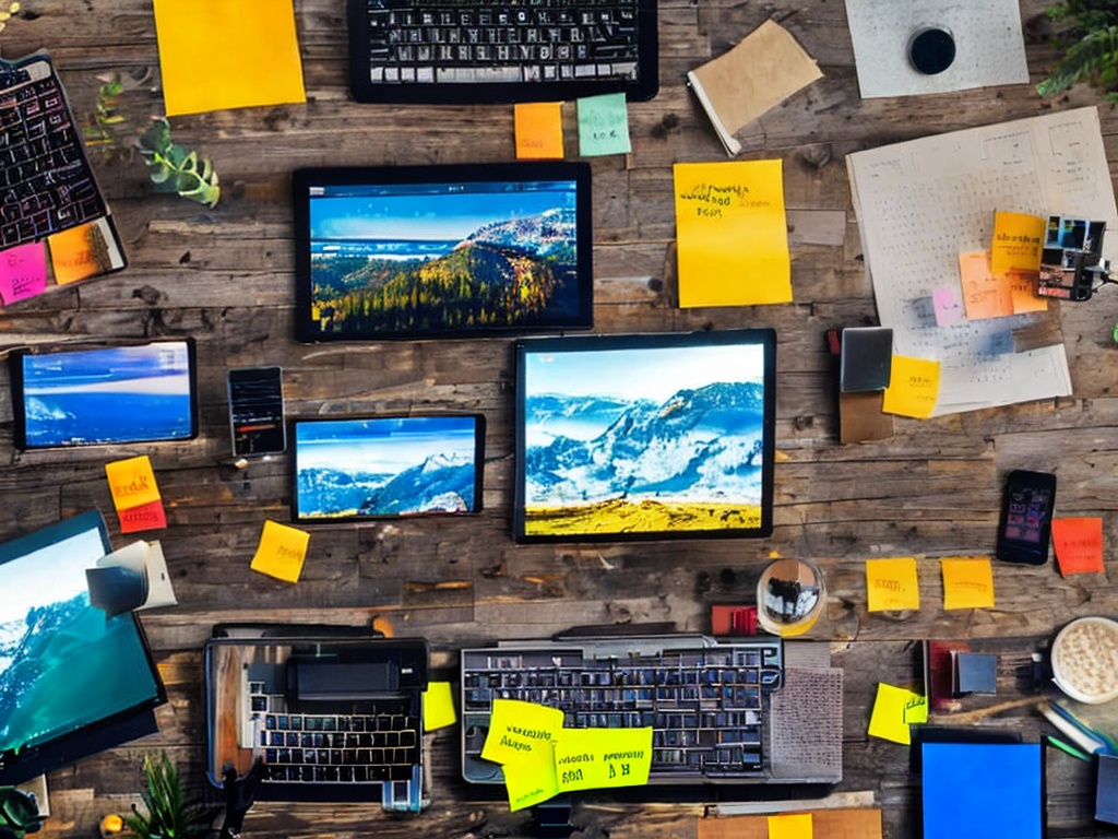 RAW photo, an aerial view of a creative workspace featuring a desktop computer with AI productivity apps in use, colorful sticky notes scattered around, and ambient lighting casting a warm glow, 8k UHD resolution, high quality, realistic image, soft film grain