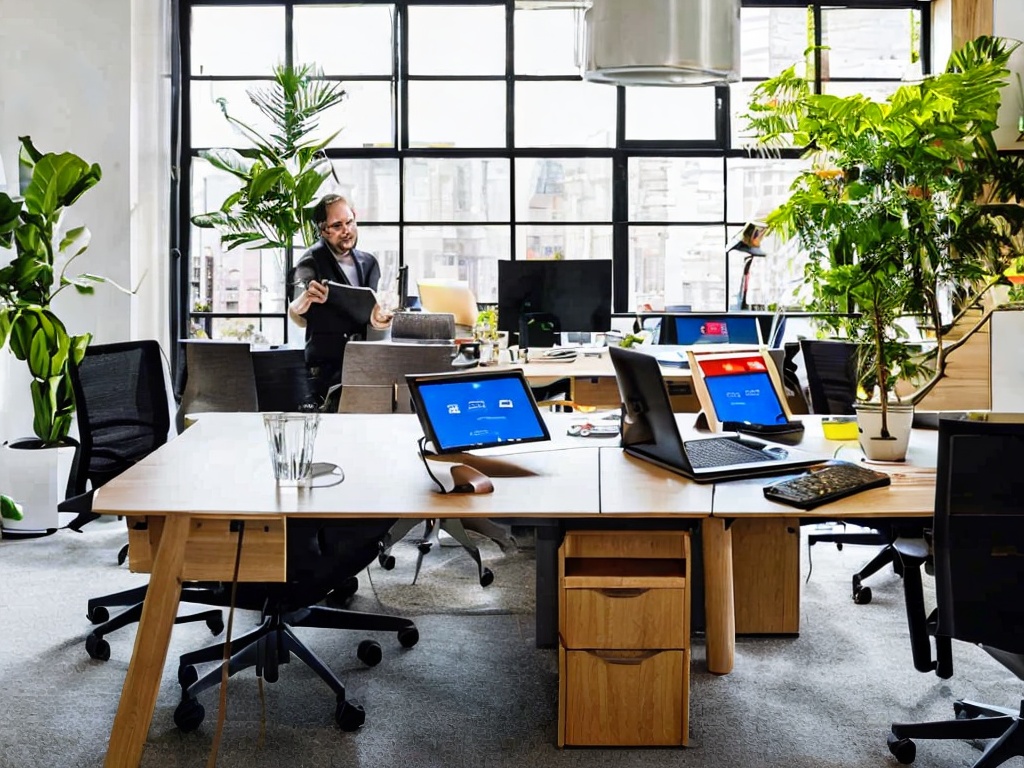 RAW photo, a person working on a modern desk with multiple devices (tablet, smartphone) showcasing different AI productivity applications, bright and airy office space, vibrant colors, 8k UHD, high resolution, realistic photo, film grain, captured with a DSLR