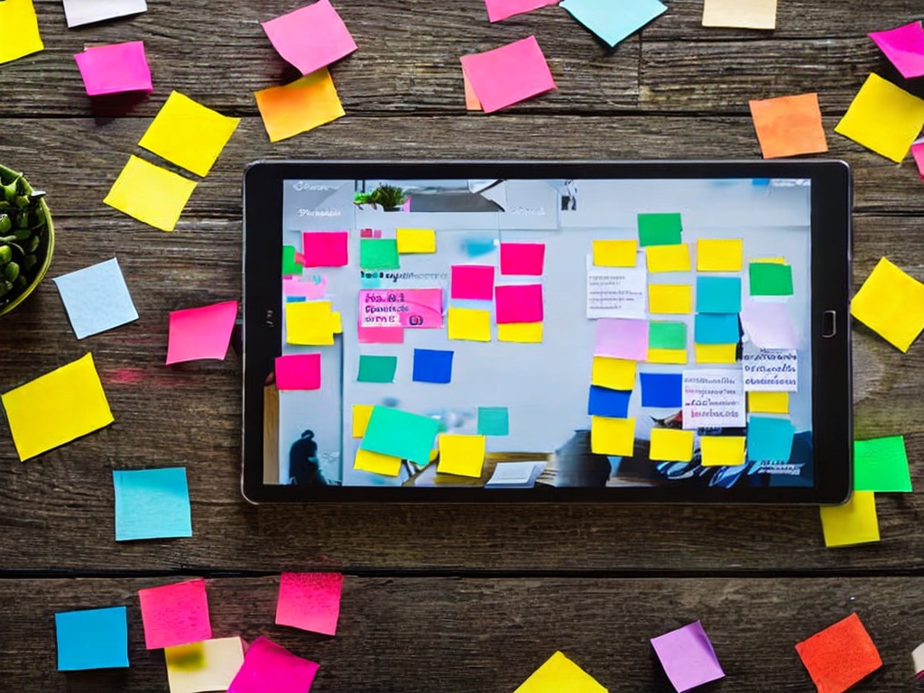 RAW photo, a visually engaging workspace with a user interacting with an AI application on a tablet, colorful post-it notes scattered around showcasing brainstorming ideas, bright natural lighting, 8k uhd, high resolution, capturing an energetic and inspiring vibe, Fujifilm XT4