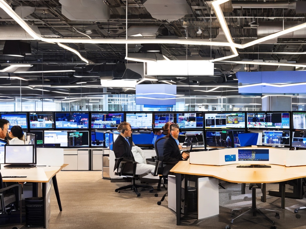 RAW photo, an open workspace filled with professionals collaborating on AI-driven customer service solutions, showcasing teamwork, large digital displays of real-time data, and a high-tech ambiance, bright studio lighting enhancing the modern aesthetic, 8k UHD resolution, sharp detail