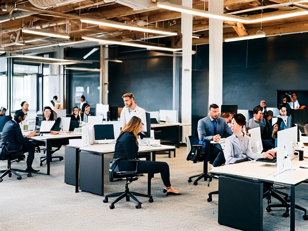 RAW photo, a modern office scene with diverse professionals collaborating over customer service AI software on laptops, bright and airy workspace, 8k uhd, high quality, realistic photo, soft lighting, subtle film grain, taken with a Canon EOS R5