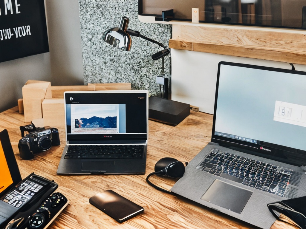 RAW photo, a modern workspace showcasing a collection of top AI marketing tools on a sleek desk, featuring a laptop with analytics displayed on the screen, various gadgets and notebooks scattered around, soft natural lighting, 8k UHD, high quality, realistic photo, subtle film grain, Canon EOS R5