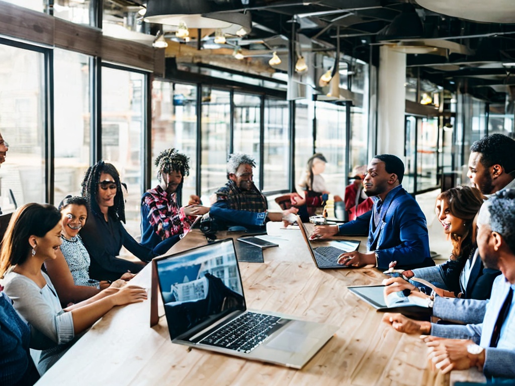 RAW photo, a diverse group of people engaged around a table with laptops, exploring free AI platforms together, collaborative atmosphere, soft natural lighting, 8k uhd, high quality, realistic photo, film grain, Sony A7 III