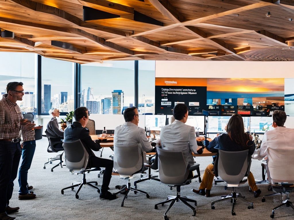 RAW photo, a diverse team of marketers discussing AI tools in a bright, modern conference room, with a large screen displaying AI-driven marketing strategies, warm ambient lighting enhancing the collaborative atmosphere, 8k UHD, high quality, realistic photo, subtle film grain, Sony A7 III