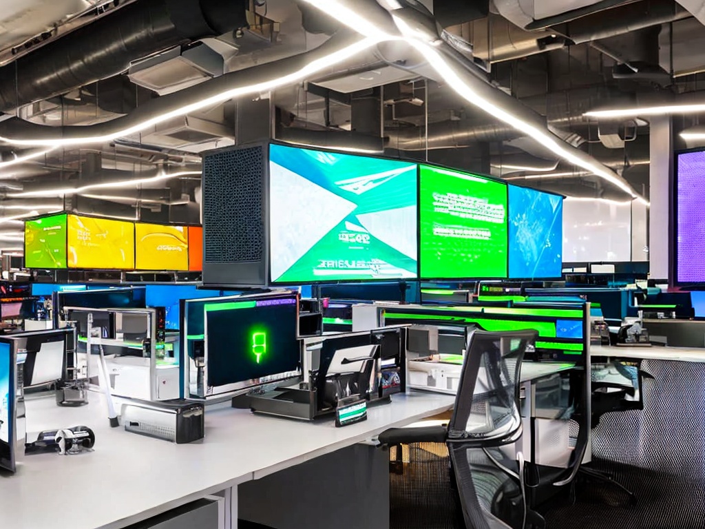 RAW photo, a high-tech workspace featuring multiple computer screens displaying top AI platform interfaces, brightly lit with futuristic neon accents, 8k uhd, high quality, realistic photo, soft reflections on the screens, shot with a professional DSLR camera